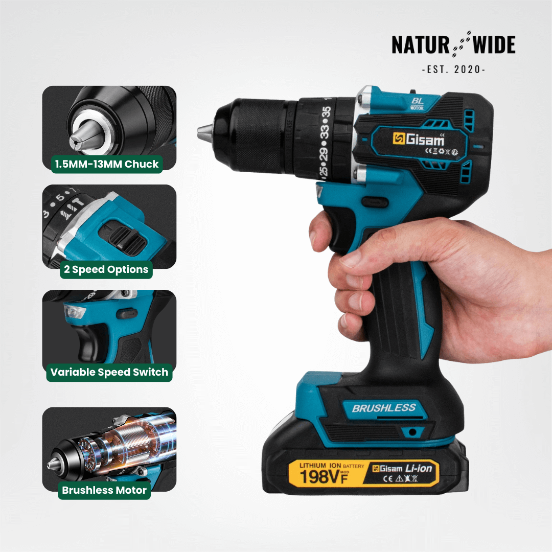 GIsam 13mm Electric Drill Brushless Impact Screwdriver Dual Speed ​​35+3 Torque Cordless Power Tool for Makita 18V Battery pins