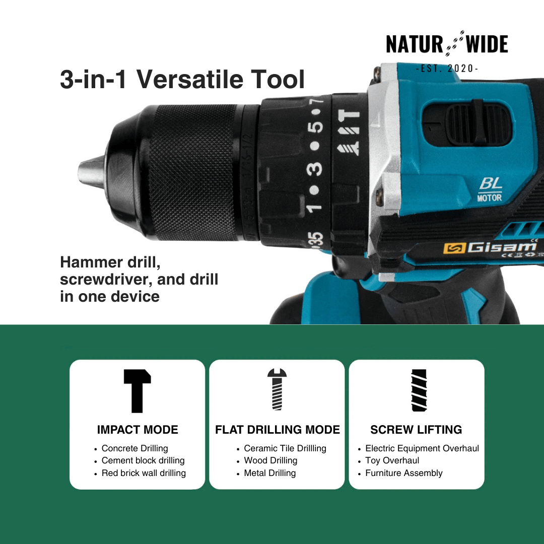 GIsam 13mm Electric Drill Brushless Impact Screwdriver Dual Speed ​​35+3 Torque Cordless Power Tool for Makita 18V Battery pins