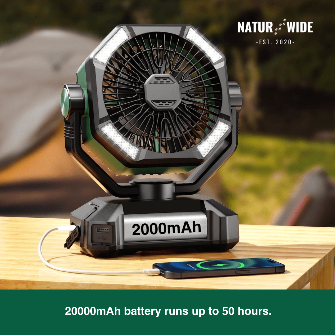 20000mAh Camping Fan with LED Lantern – 8-Speed Rechargeable Fan