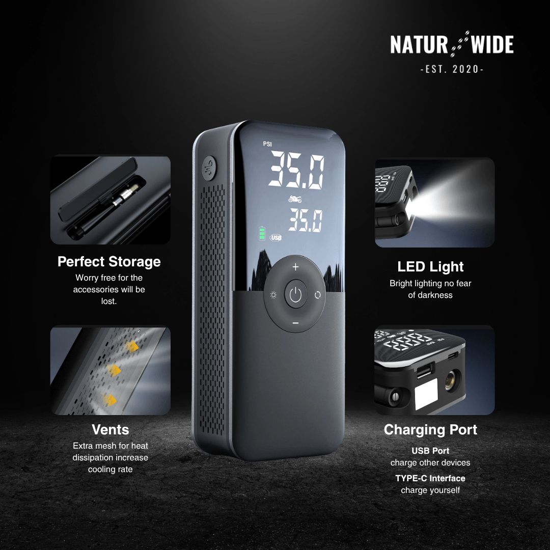 Cordless Tire Inflator – Portable Digital Air Pump & Power Bank