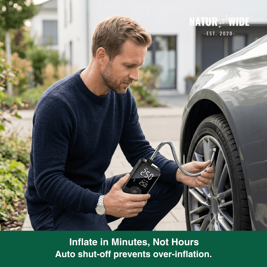 Cordless Tire Inflator – Portable Digital Air Pump & Power Bank