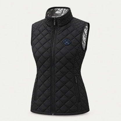 Women's heated vest in black with high collar and diamond quilting, front view