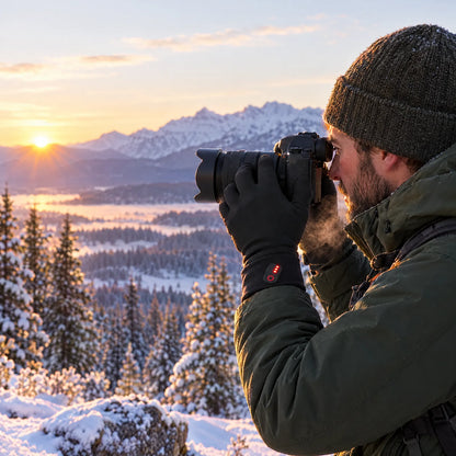 Photographer wearing heated glove liners at sunrise in the snow