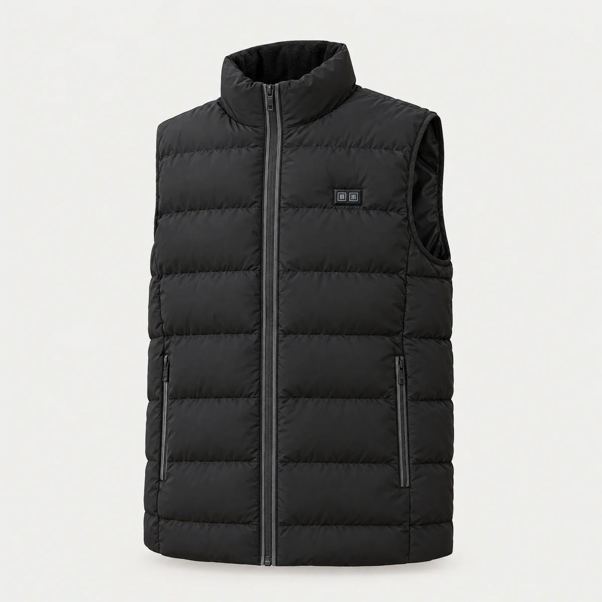 Heated vest 2.0 in black with high collar, front view