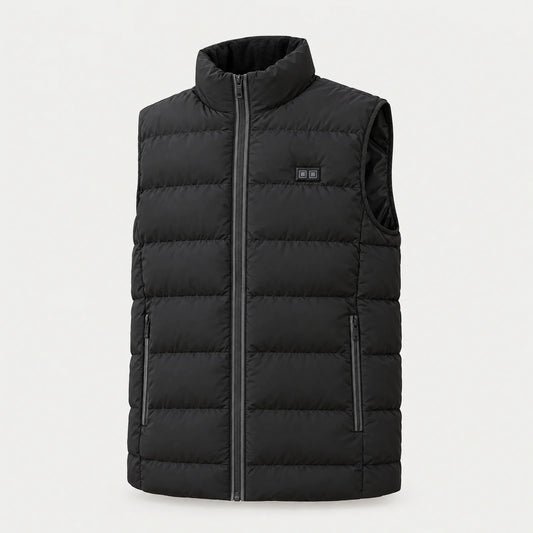 Heated vest 2.0 in black with high collar, front view