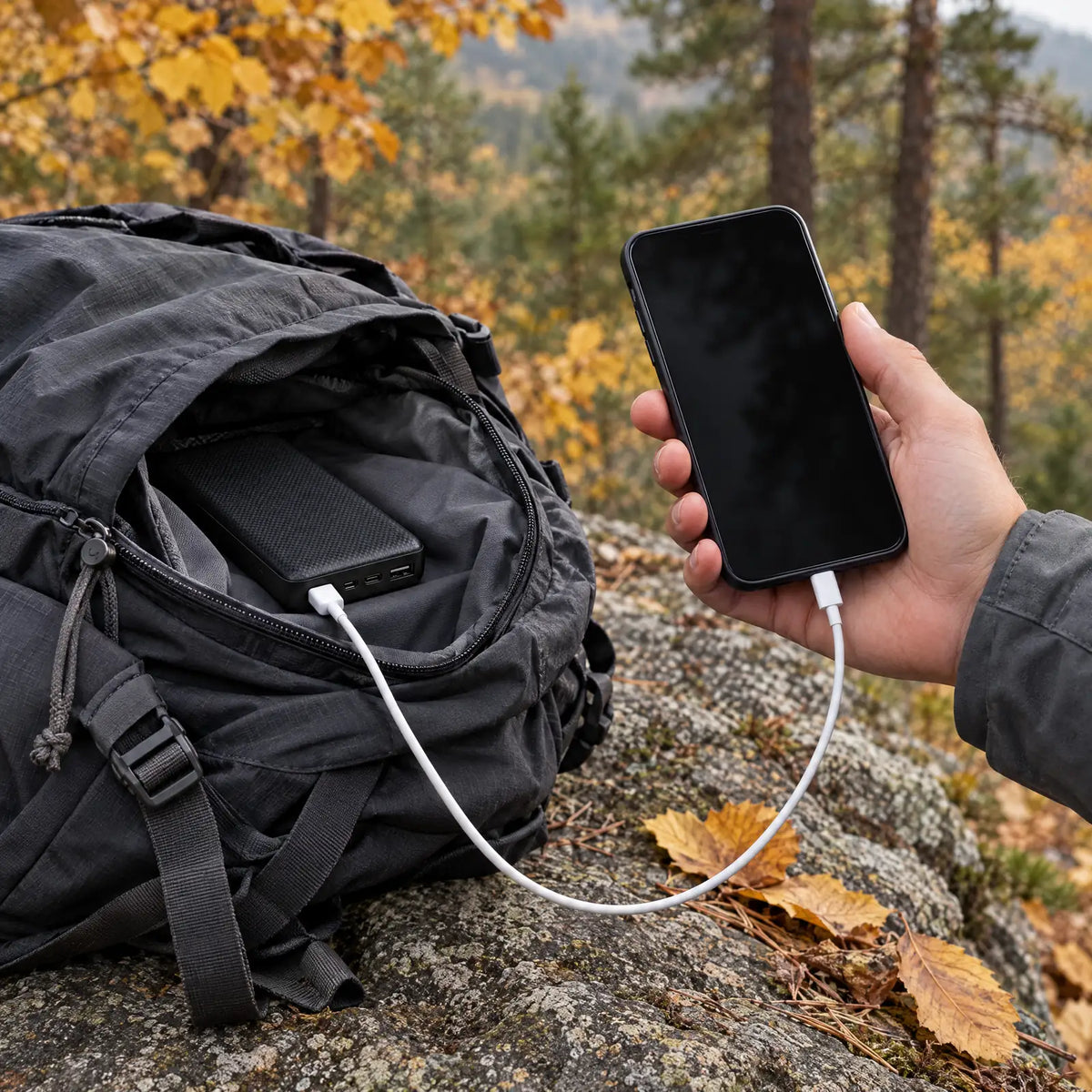 Charging a smartphone from the power bank in a backpack while hiking