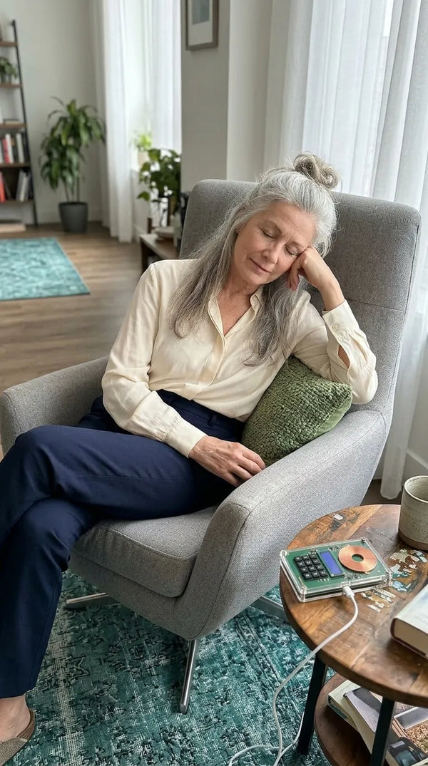 Woman resting in an armchair, Restwaves on the side table