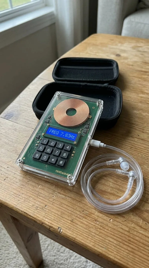 Restwaves frequency generator with hard case and air-tube earphones on a wooden table