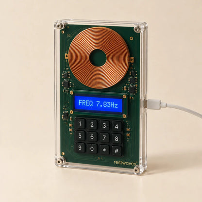 Restwaves frequency generator in clear acrylic case with copper coil, display and keypad