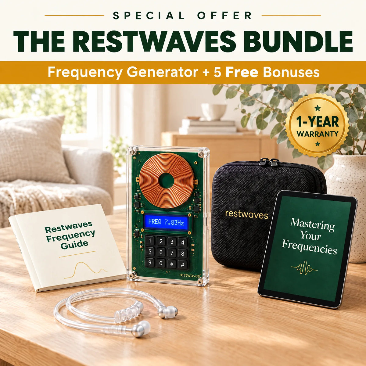 Restwaves bundle: frequency generator with air-tube earphones, hard case, Frequency Guide, eBook and 1-year warranty