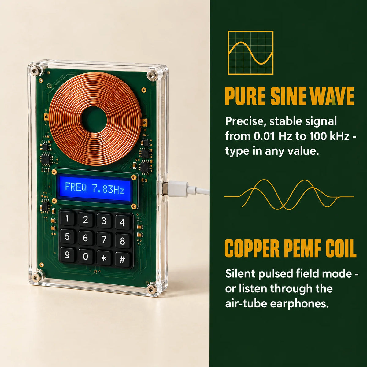 Restwaves frequency generator: pure sine wave from 0.01 Hz to 100 kHz and copper PEMF coil