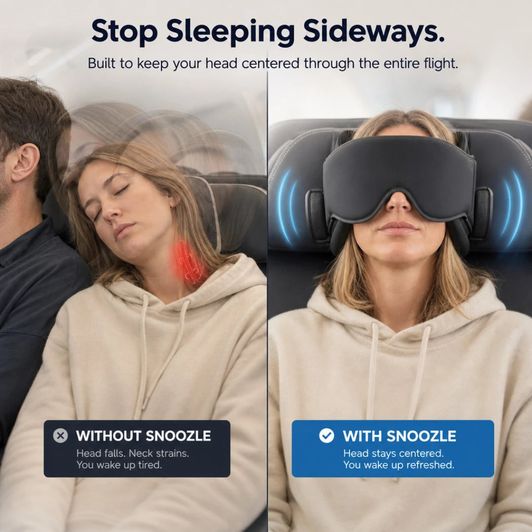 Before and after: without Snoozle the head falls sideways, with Snoozle it stays centered against the headrest